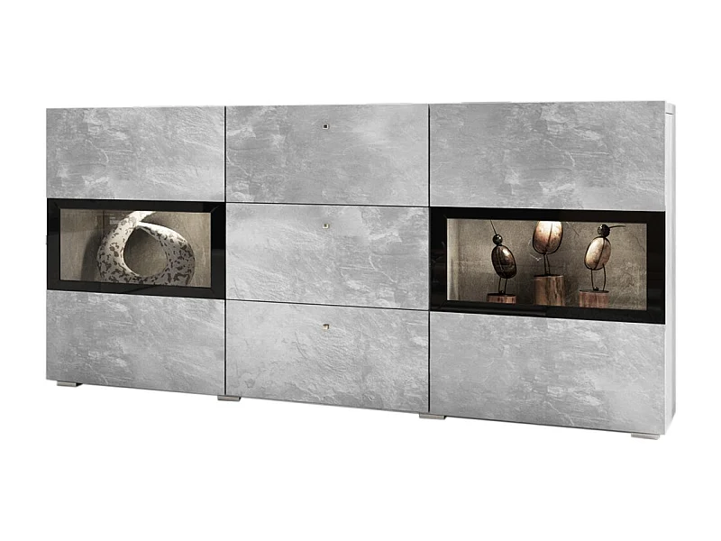 Buffet mit 2 Türen und 3 Schubladen, Kollektion RAMOS. Integrierte LED-Beleuchtung. Farbe Grau in Betonoptik und Schwarz.