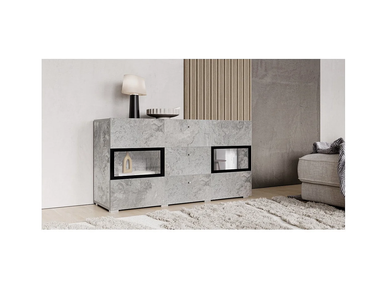 Buffet a 2 ante e 3 cassetti collezione RAMOS. Illuminazione LED integrata. Colori grigio effetto cemento e nero.