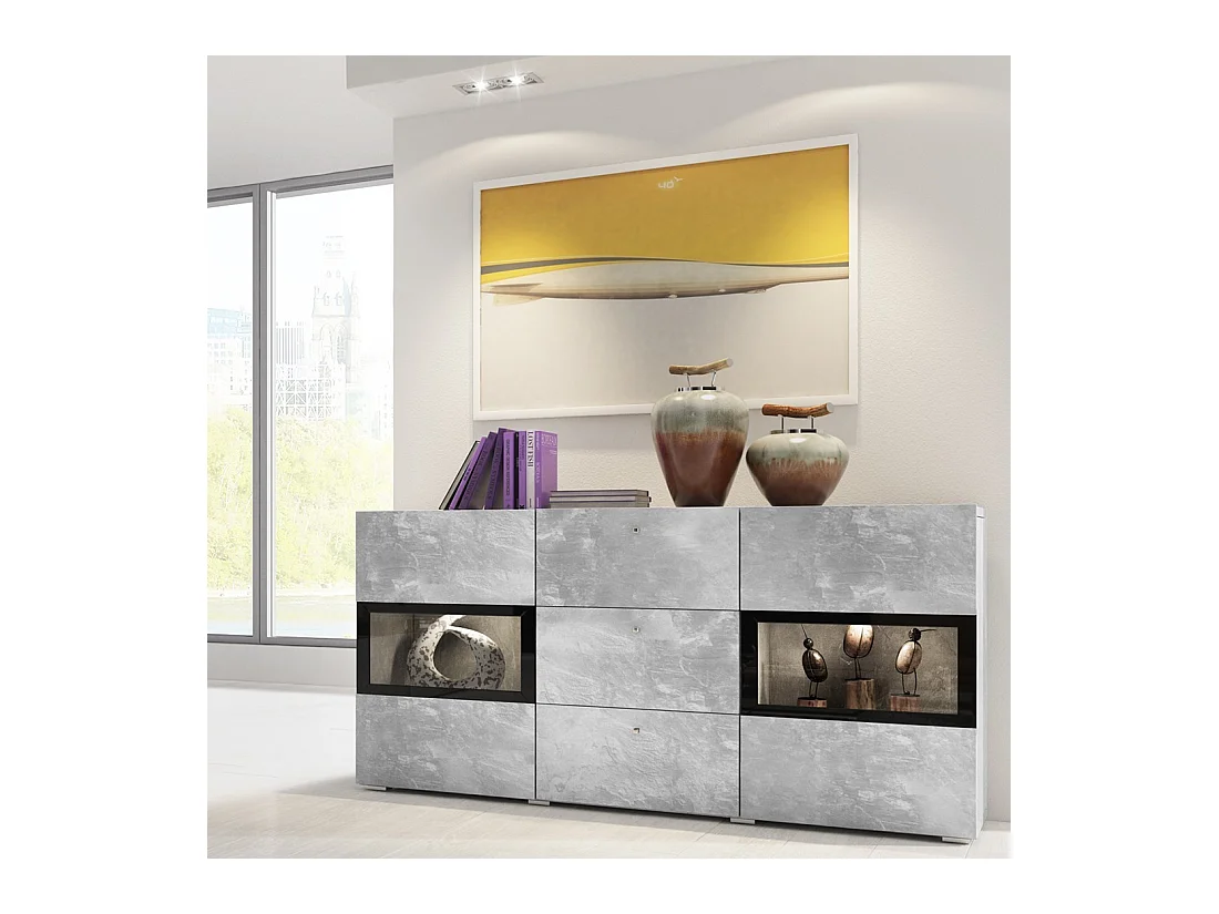 Buffet a 2 ante e 3 cassetti collezione RAMOS. Illuminazione LED integrata. Colori grigio effetto cemento e nero.