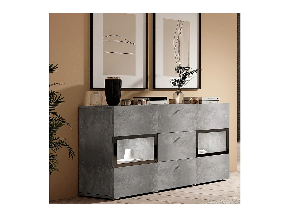 Buffet a 2 ante e 3 cassetti collezione RAMOS. Illuminazione LED integrata. Colori grigio effetto cemento e nero.