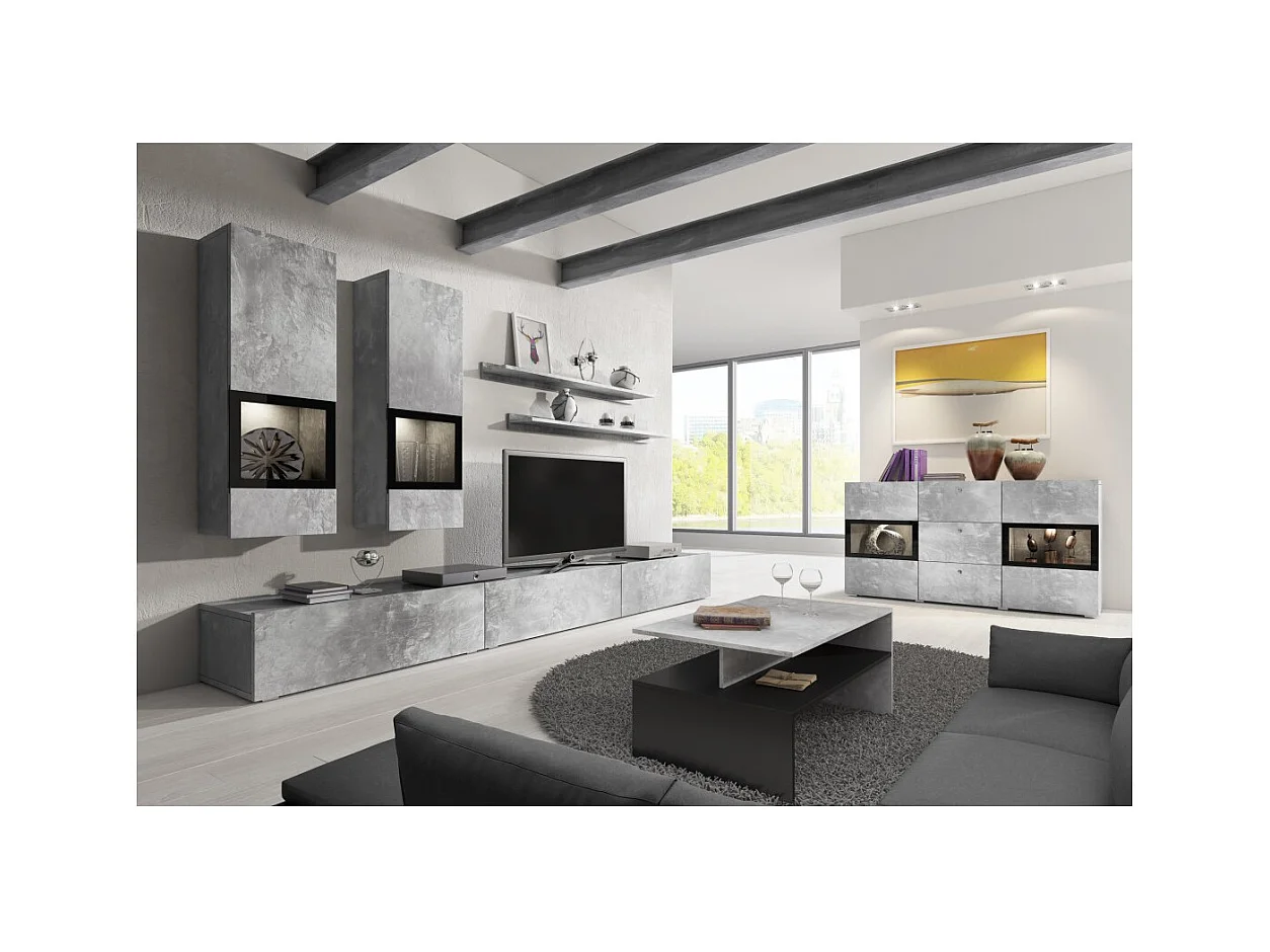 Buffet a 2 ante e 3 cassetti collezione RAMOS. Illuminazione LED integrata. Colori grigio effetto cemento e nero.