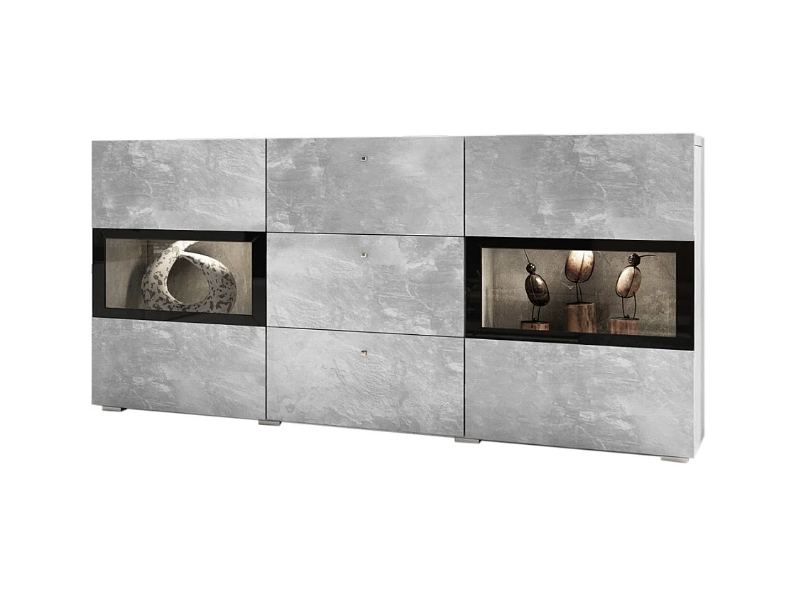 Buffet RAMOS – Gris effet béton et noir – LED multicolores incluses – 2 portes vitrées + 3 tiroirs