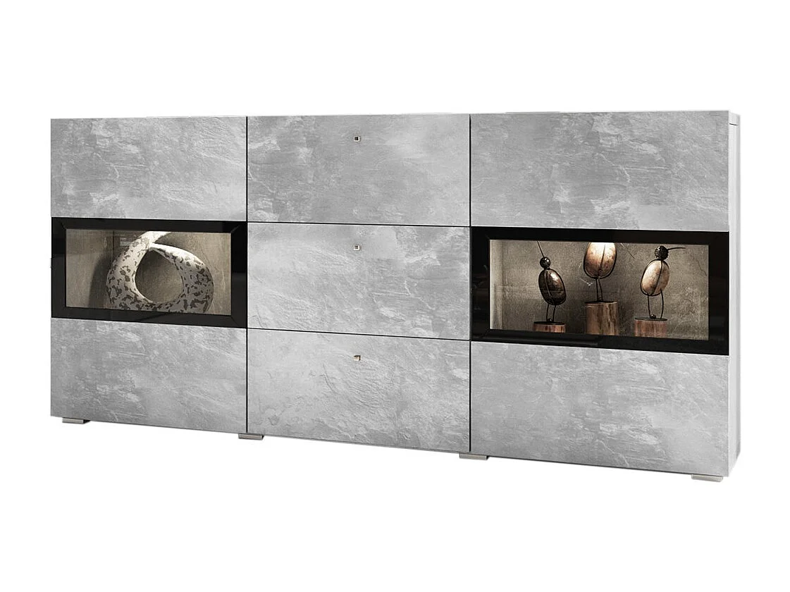 Buffet RAMOS – Gris effet béton et noir – LED multicolores incluses – 2 portes vitrées + 3 tiroirs