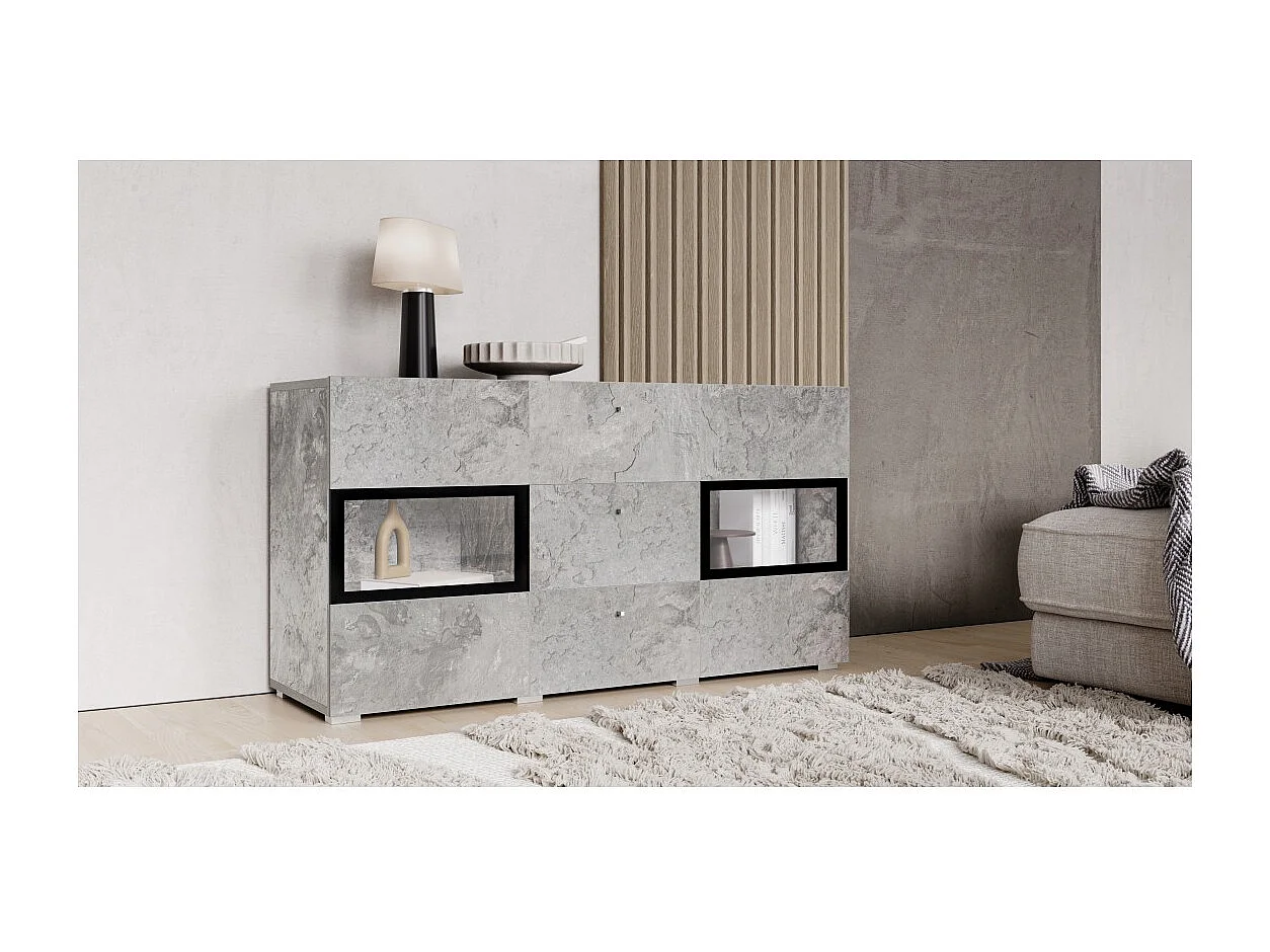 Buffet RAMOS – Gris effet béton et noir – LED multicolores incluses – 2 portes vitrées + 3 tiroirs