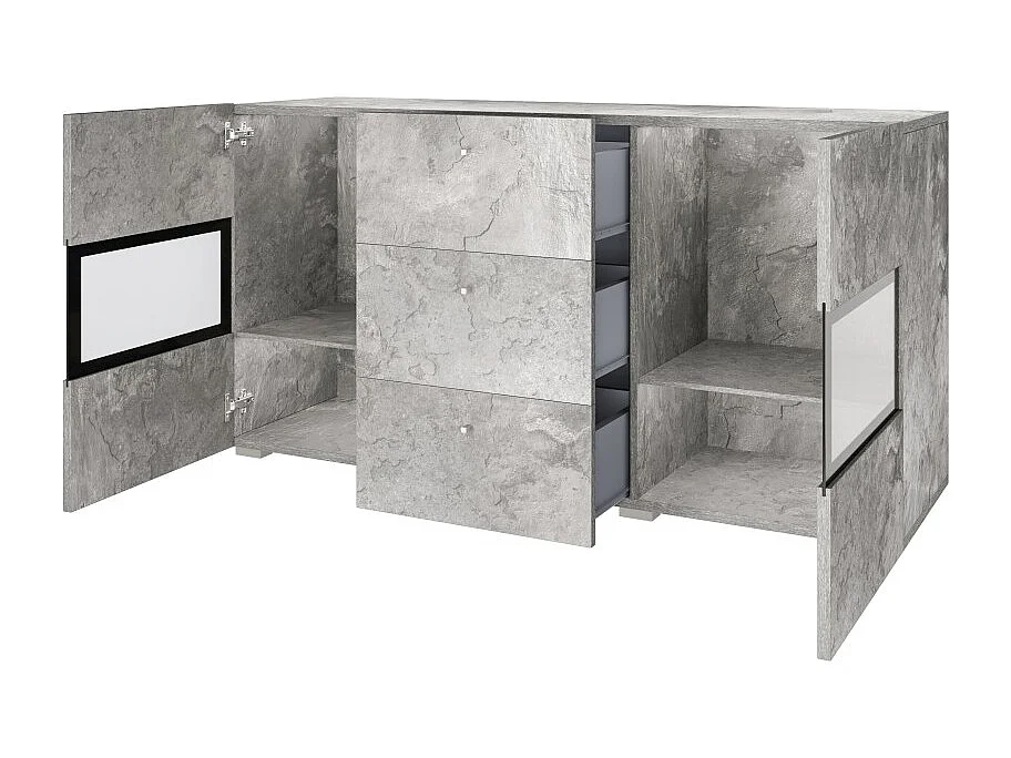 Buffet RAMOS – Gris effet béton et noir – LED multicolores incluses – 2 portes vitrées + 3 tiroirs