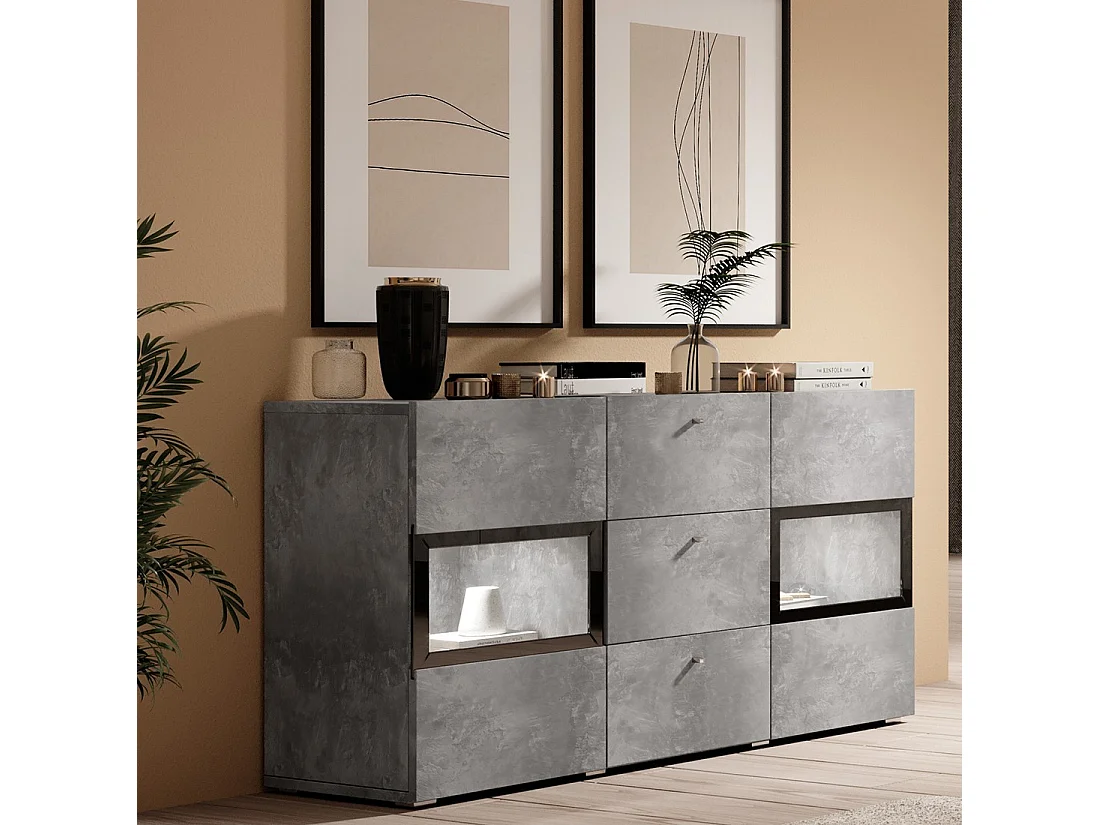 Buffet RAMOS – Gris effet béton et noir – LED multicolores incluses – 2 portes vitrées + 3 tiroirs