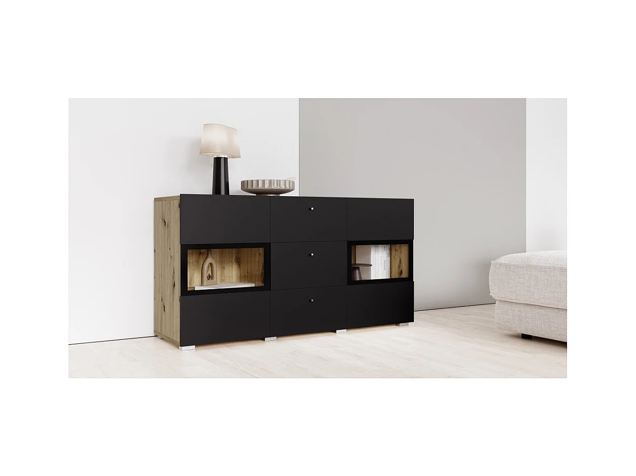 Buffet RAMOS 130 cm – Chêne et noir super mat – LED multicolores intégrées – 2 portes vitrées + 3 tiroirs