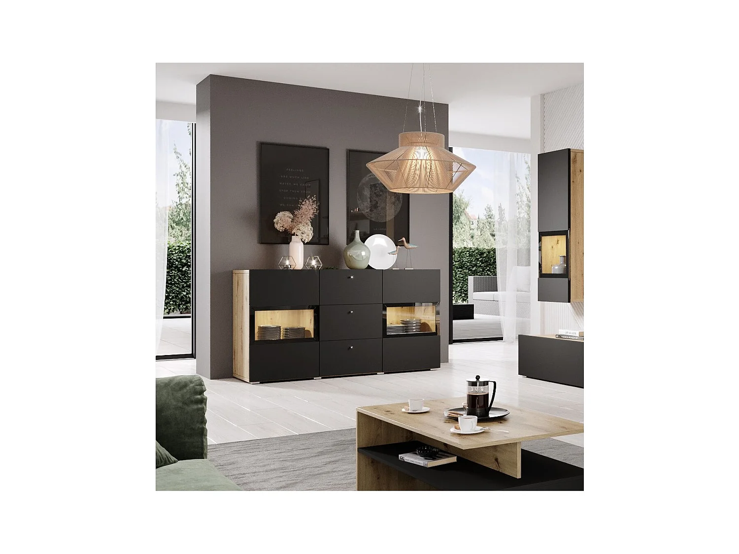 Buffet RAMOS 130 cm – Chêne et noir super mat – LED multicolores intégrées – 2 portes vitrées + 3 tiroirs