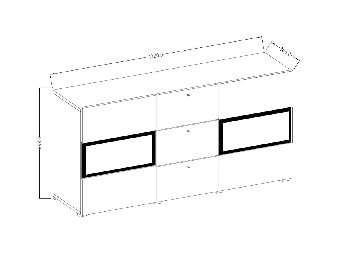 Buffet RAMOS 130 cm – Chêne et noir super mat – LED multicolores intégrées – 2 portes vitrées + 3 tiroirs