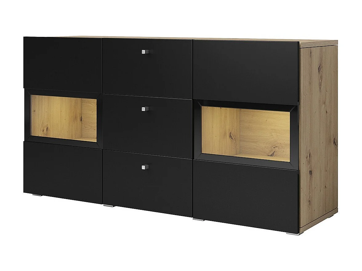 Buffet RAMOS 130 cm – Chêne et noir super mat – LED multicolores intégrées – 2 portes vitrées + 3 tiroirs