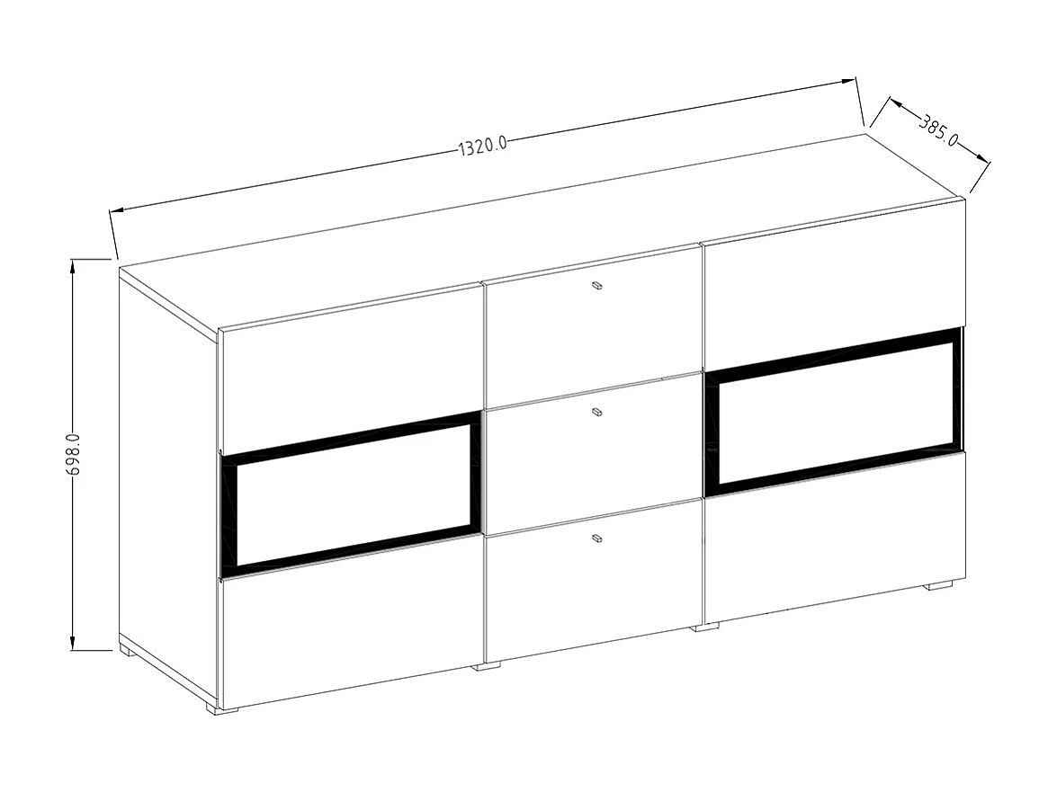Buffet RAMOS 130 cm – Chêne et noir super mat – LED multicolores intégrées – 2 portes vitrées + 3 tiroirs