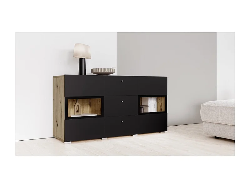 Buffet RAMOS 130 cm – Chêne et noir super mat – LED multicolores intégrées – 2 portes vitrées + 3 tiroirs