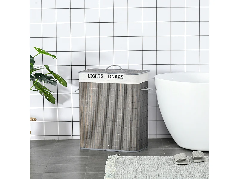 Panier à linge corbeille à linge 2 bacs bambou pliable couvercle poignée sac amovible en toile gris