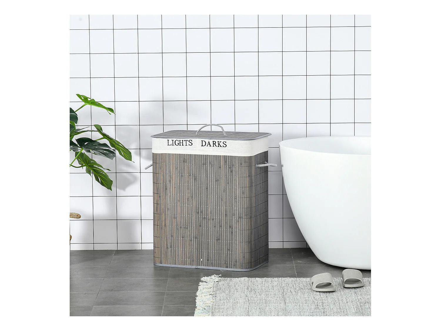 Panier à linge corbeille à linge 2 bacs bambou pliable couvercle poignée sac amovible en toile gris