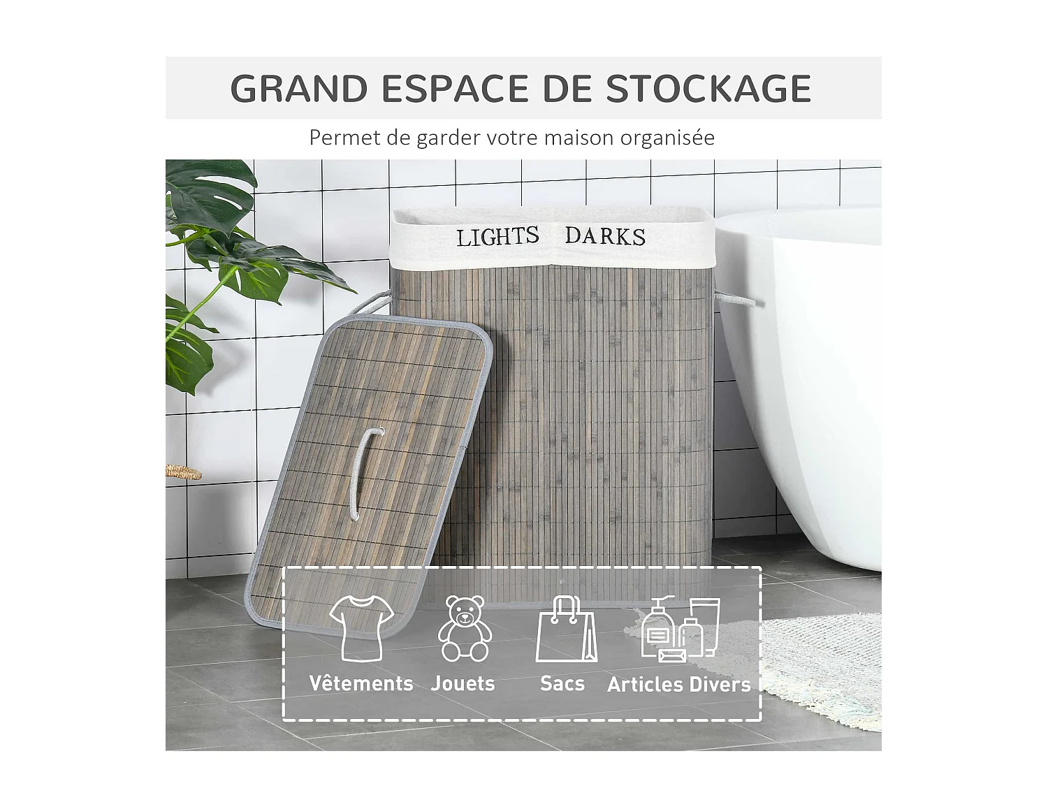 Panier à linge corbeille à linge 2 bacs bambou pliable couvercle poignée sac amovible en toile gris