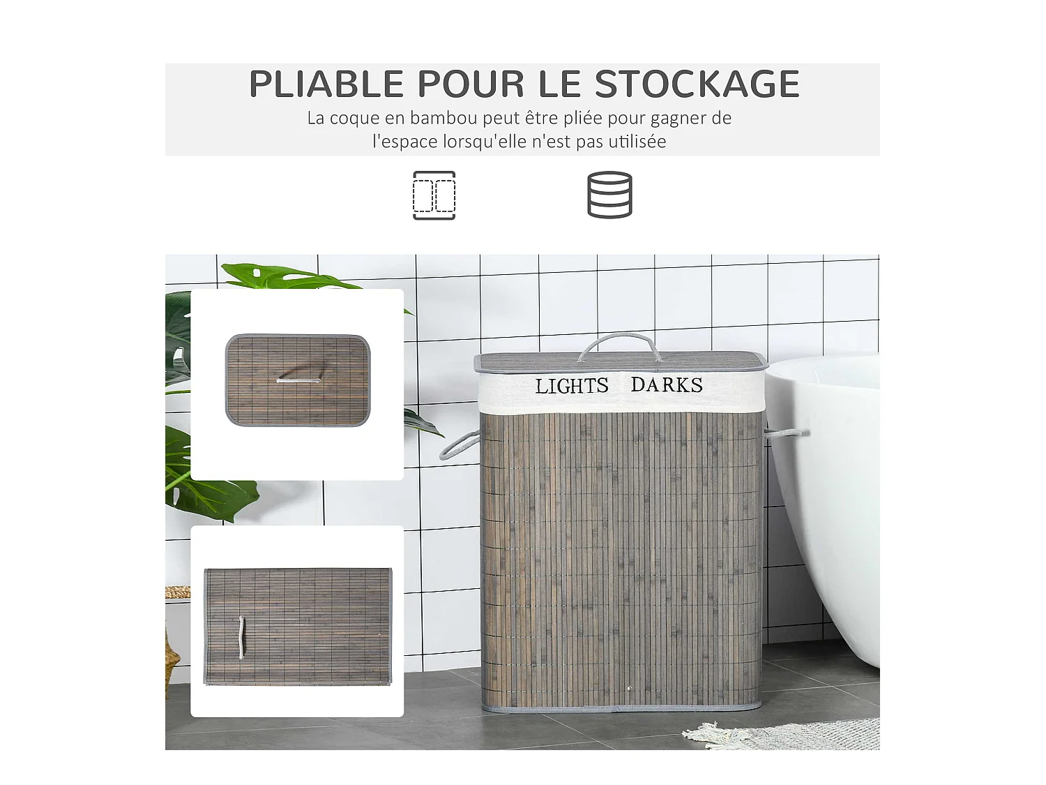 Panier à linge corbeille à linge 2 bacs bambou pliable couvercle poignée sac amovible en toile gris