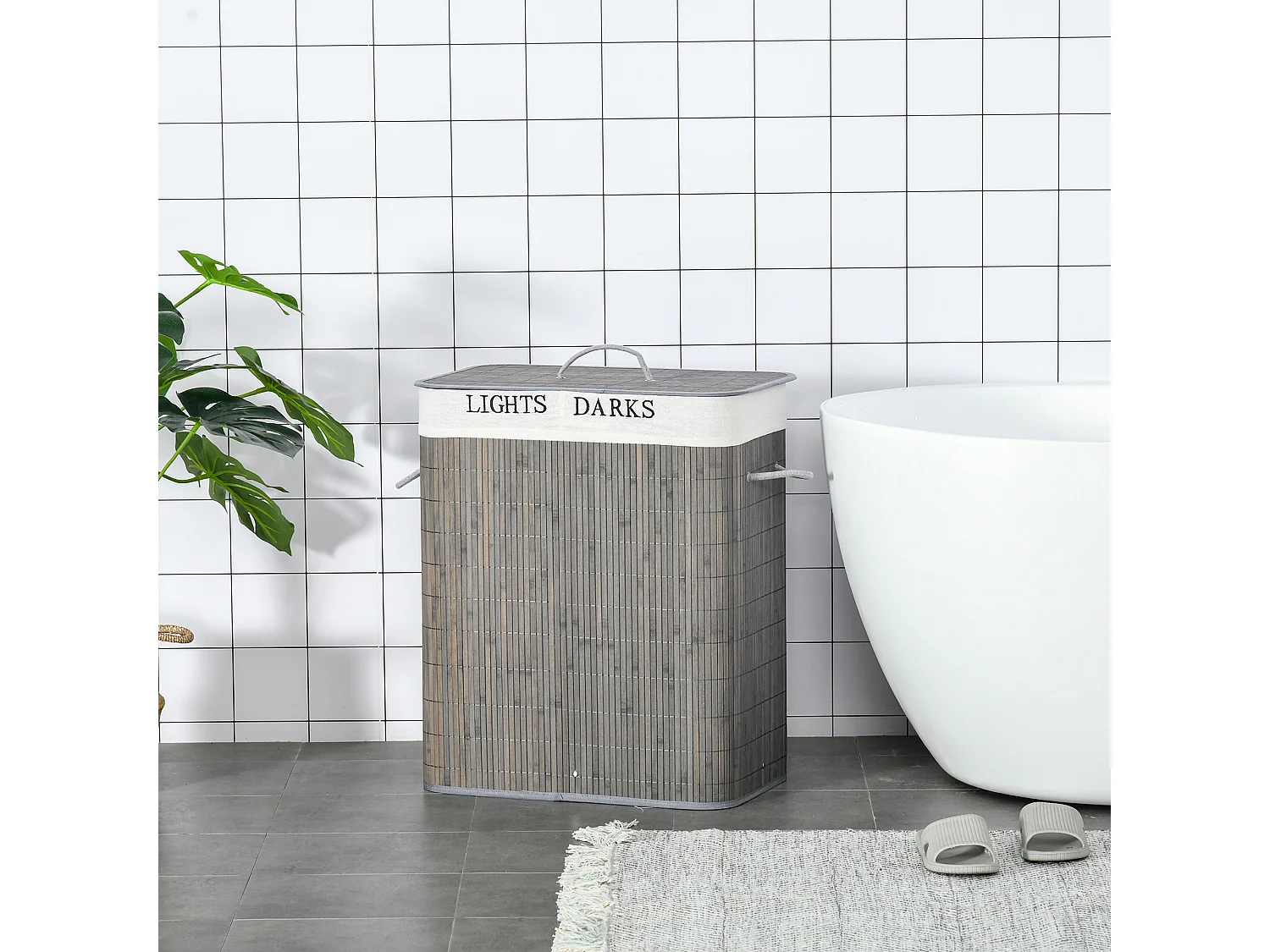 Panier à linge corbeille à linge 2 bacs bambou pliable couvercle poignée sac amovible en toile gris