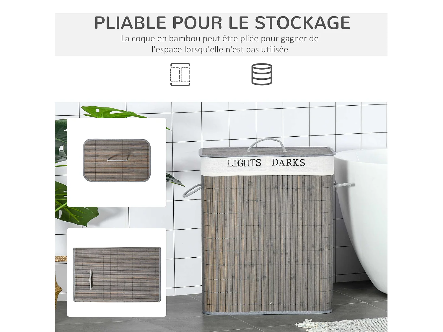 Panier à linge corbeille à linge 2 bacs bambou pliable couvercle poignée sac amovible en toile gris