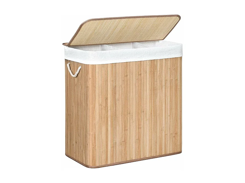 Cesta de lavandería de bambú con 3 compartimentos, tapa y asas, 150L - L60 x A61,5 cm