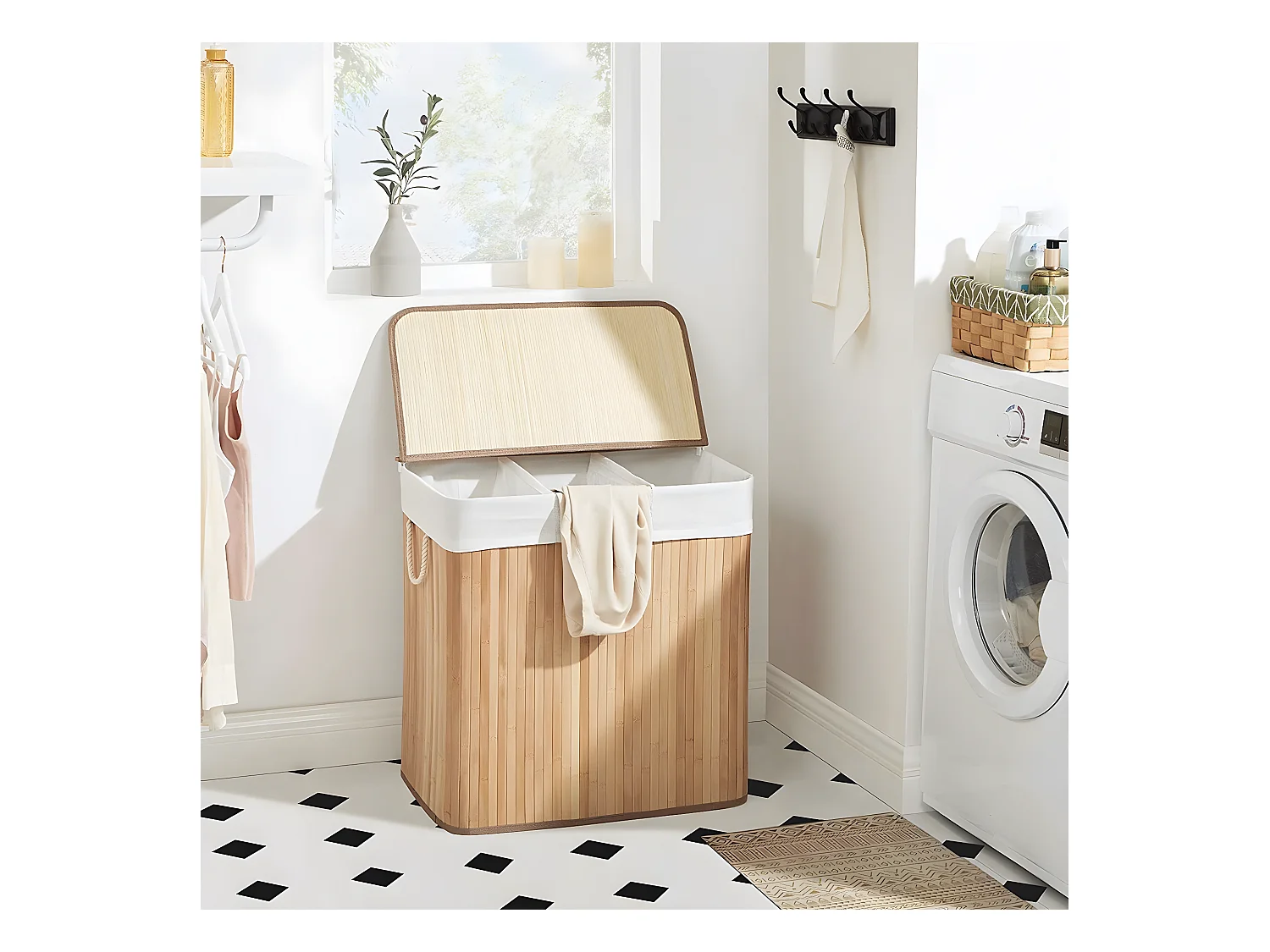 Cesto per biancheria in bambù con 3 scomparti, coperchio e maniglie, 150L - L60 x H61,5 cm