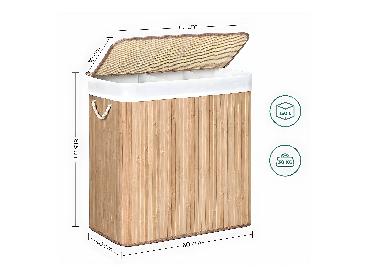 Cesto per biancheria in bambù con 3 scomparti, coperchio e maniglie, 150L - L60 x H61,5 cm