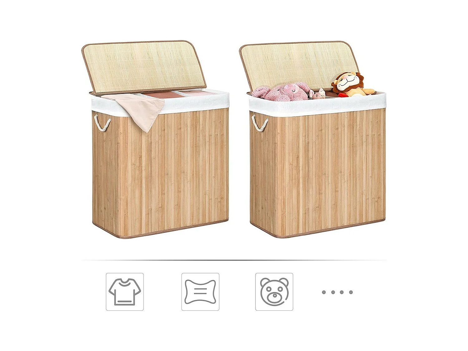 Cesto per biancheria in bambù con 3 scomparti, coperchio e maniglie, 150L - L60 x H61,5 cm