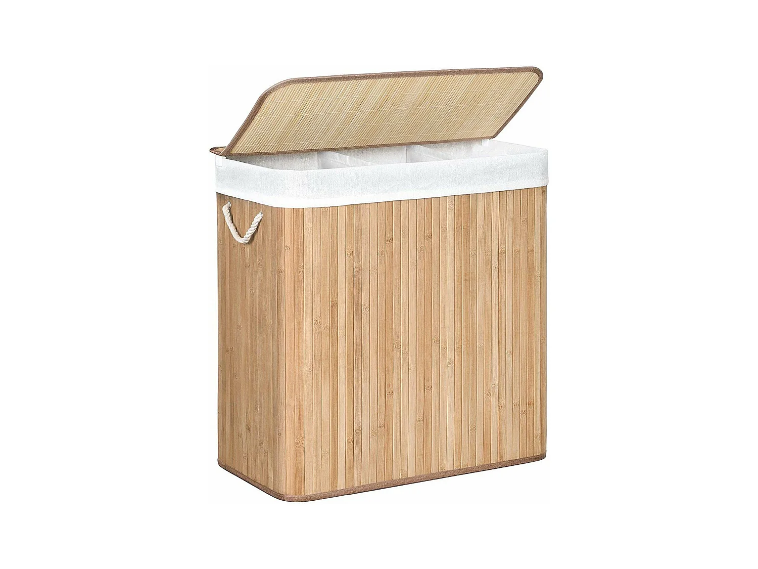 Bambus-Wäschekorb mit 3 Fächern, Deckel und Griffen, 150L - L60 x H61,5 cm