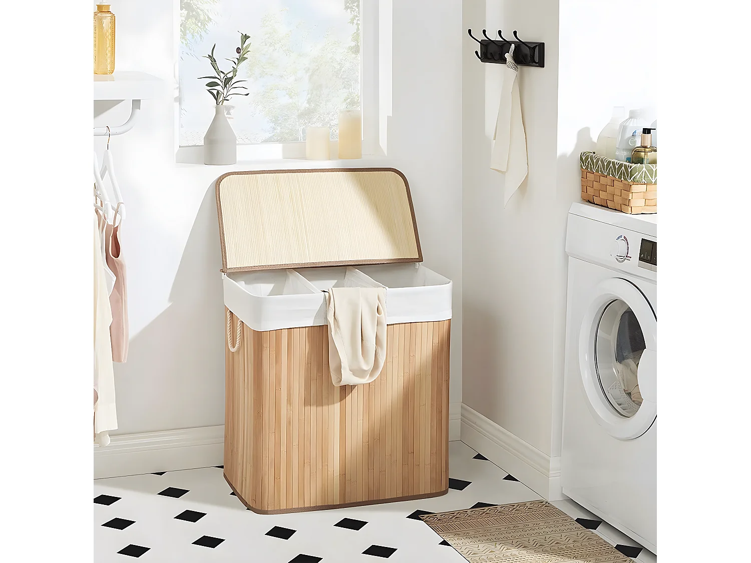 Wasmand van bamboe met 3 compartimenten, deksel en handvatten, 150L - L60 x H61,5 cm