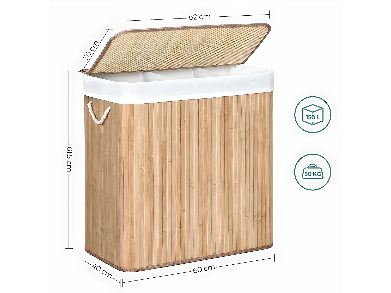 Wasmand van bamboe met 3 compartimenten, deksel en handvatten, 150L - L60 x H61,5 cm