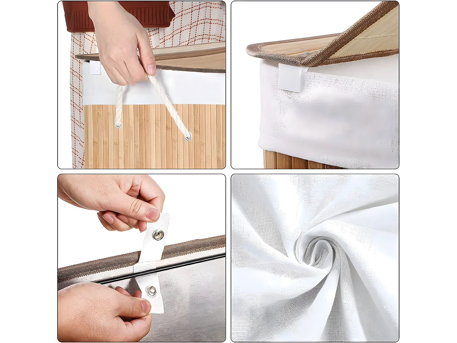 Wasmand van bamboe met 3 compartimenten, deksel en handvatten, 150L - L60 x H61,5 cm