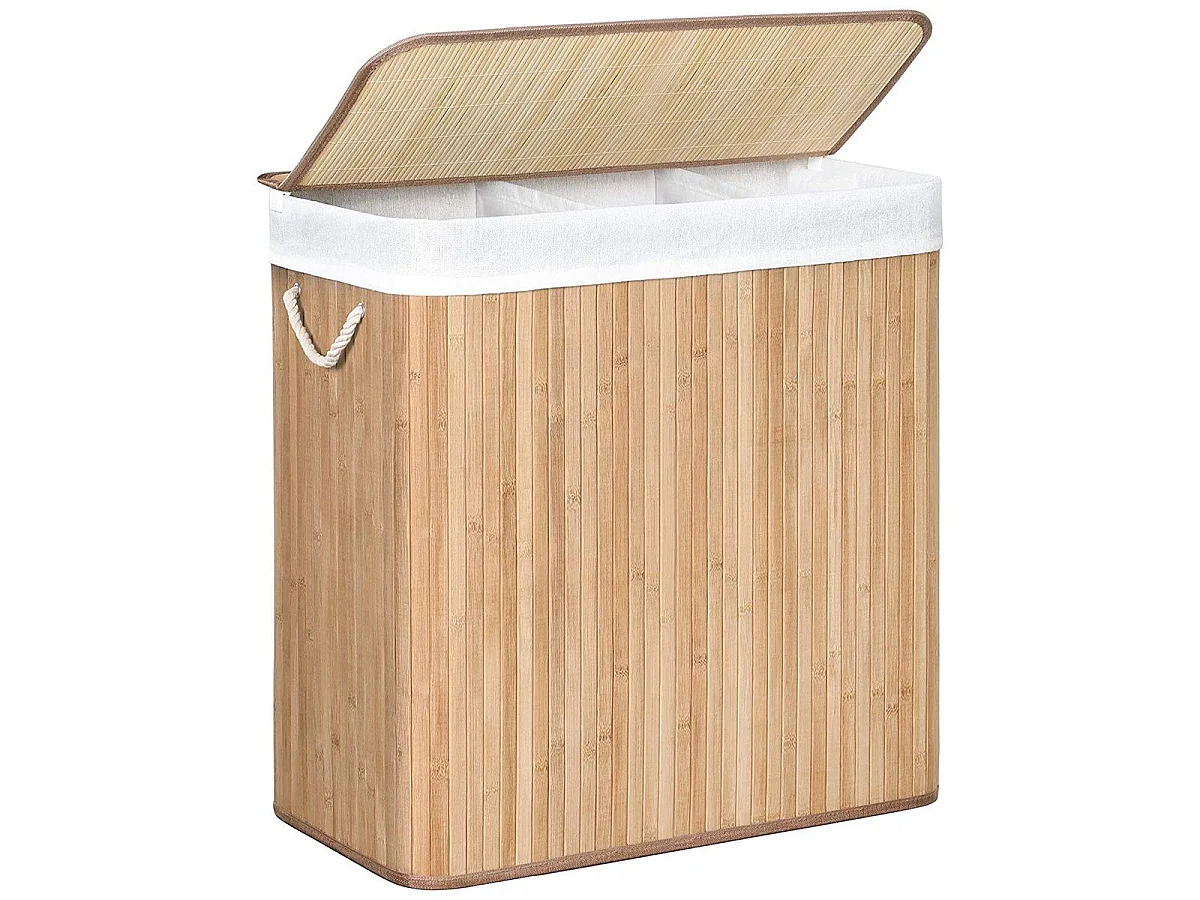 Panier à Linge en Bambou 3 Compartiments avec Couvercle et Poignées, 150L - L60 x H61,5 cm