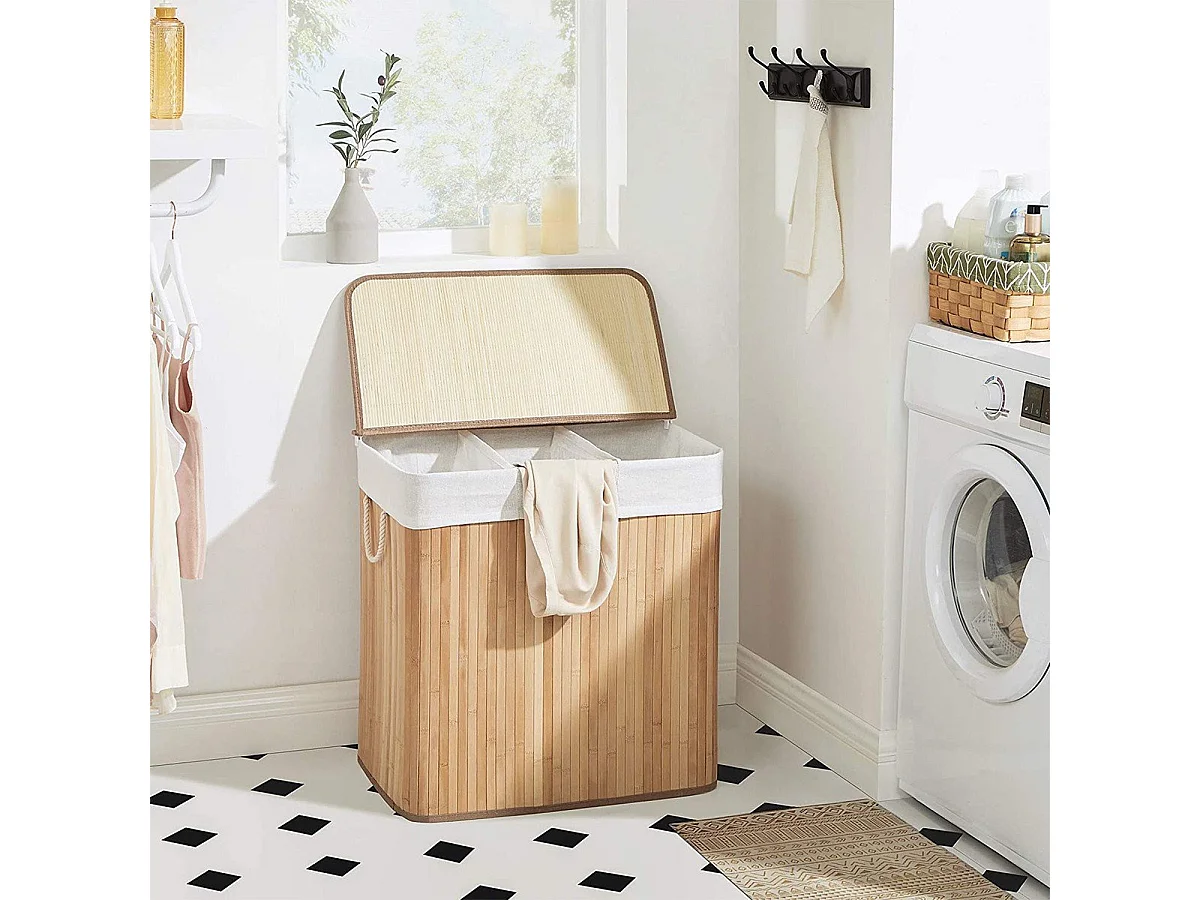 Panier à Linge en Bambou 3 Compartiments avec Couvercle et Poignées, 150L - L60 x H61,5 cm