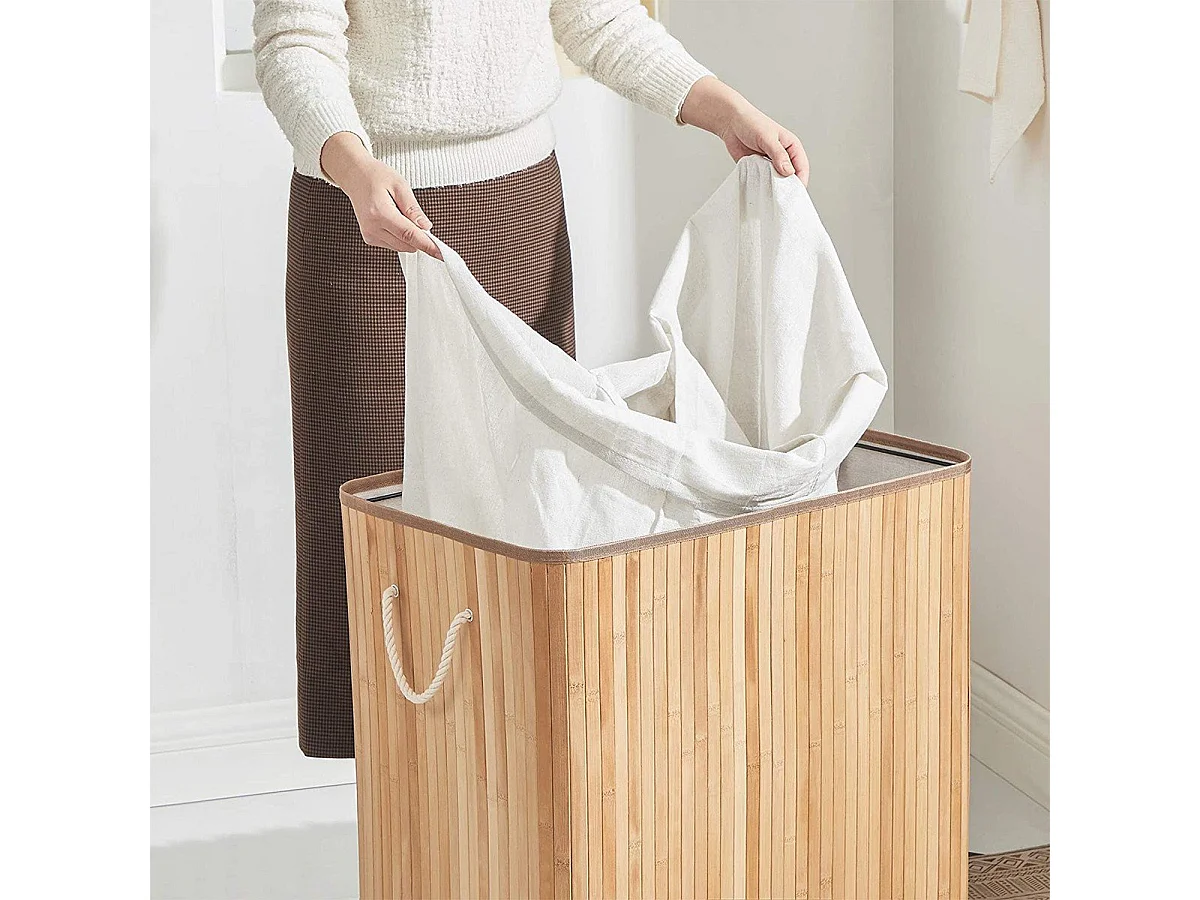 Panier à Linge en Bambou 3 Compartiments avec Couvercle et Poignées, 150L - L60 x H61,5 cm