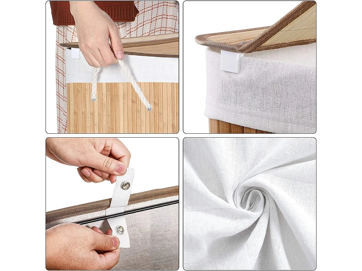 Panier à Linge en Bambou 3 Compartiments avec Couvercle et Poignées, 150L - L60 x H61,5 cm