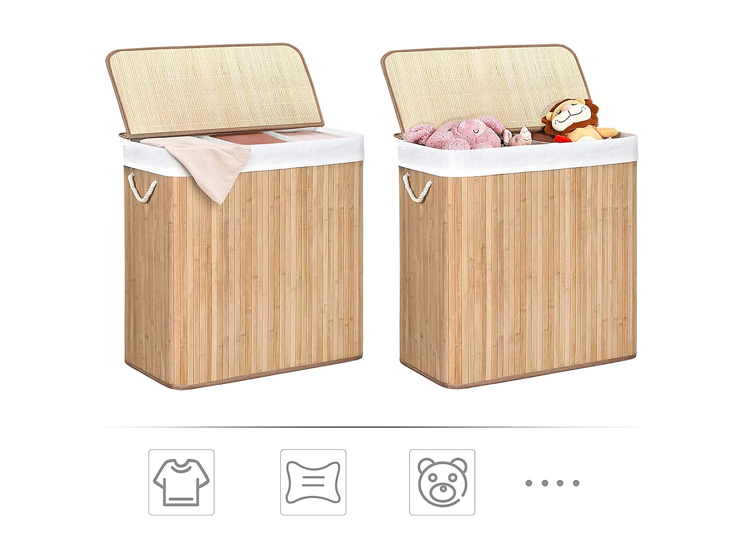 Panier à Linge en Bambou 3 Compartiments avec Couvercle et Poignées, 150L - L60 x H61,5 cm