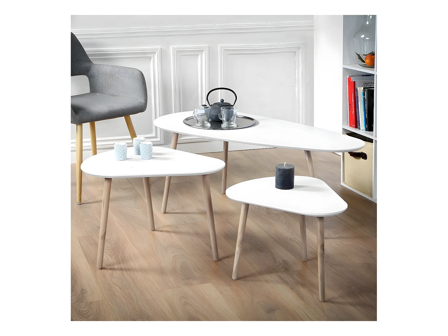 Set van 3 Witte en Houten Nesttafels