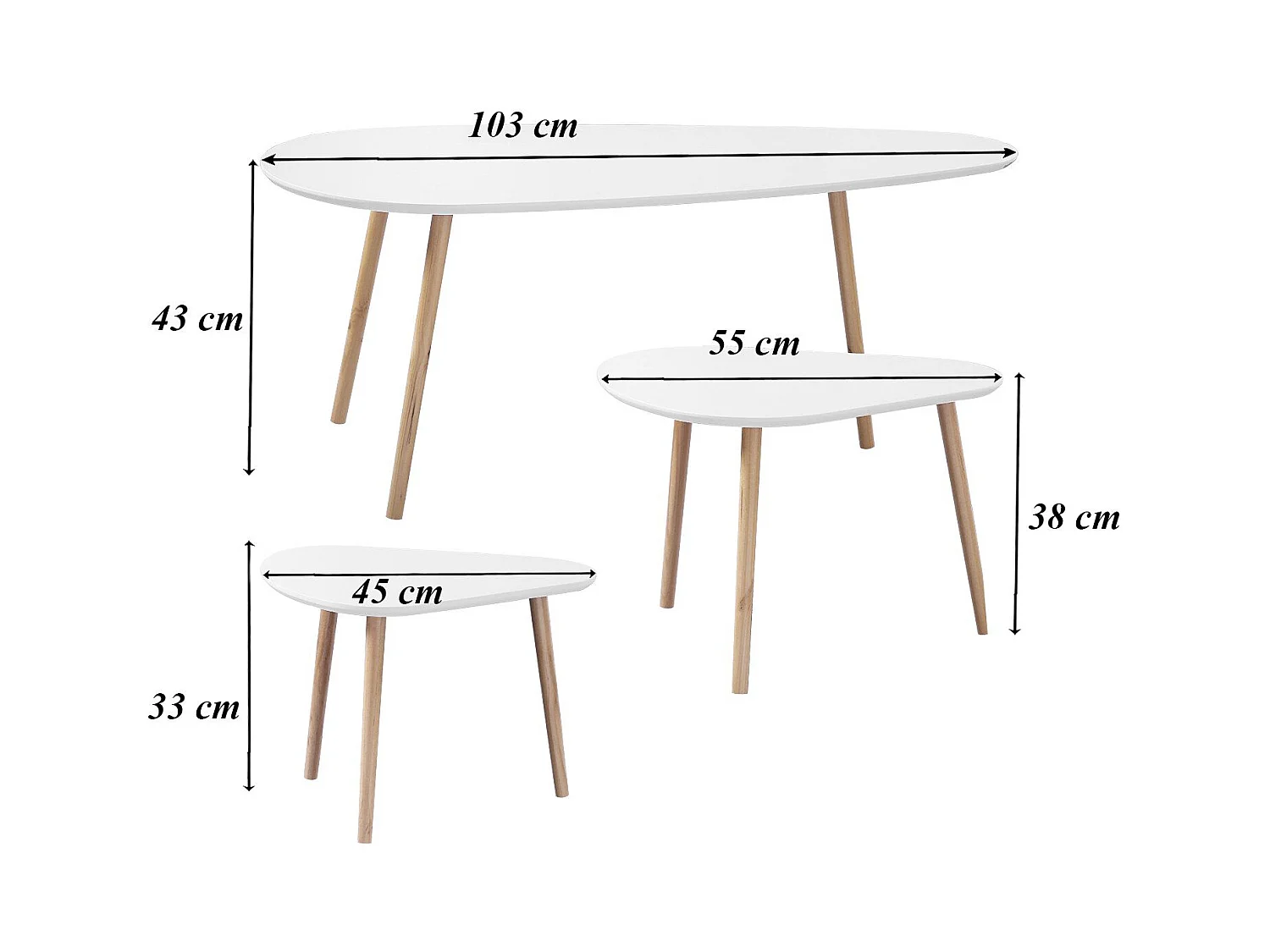 Set van 3 Witte en Houten Nesttafels
