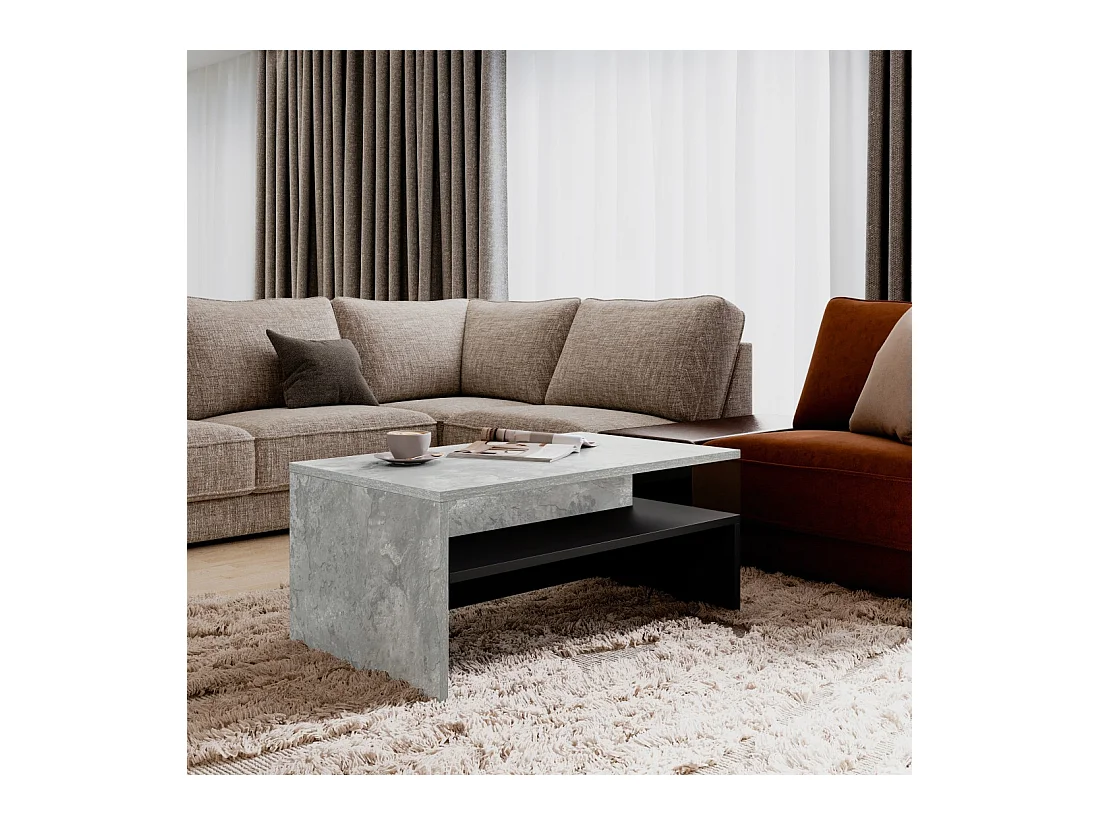 Mesa baja diseño RAMOS – Gris efecto concreto y negro – Tablero con almacenamiento – 100 x 60 cm