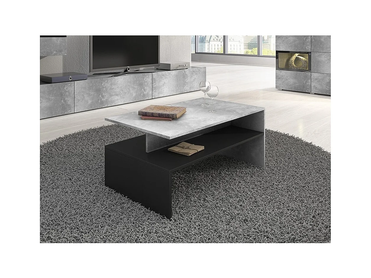 Mesa baja diseño RAMOS – Gris efecto concreto y negro – Tablero con almacenamiento – 100 x 60 cm
