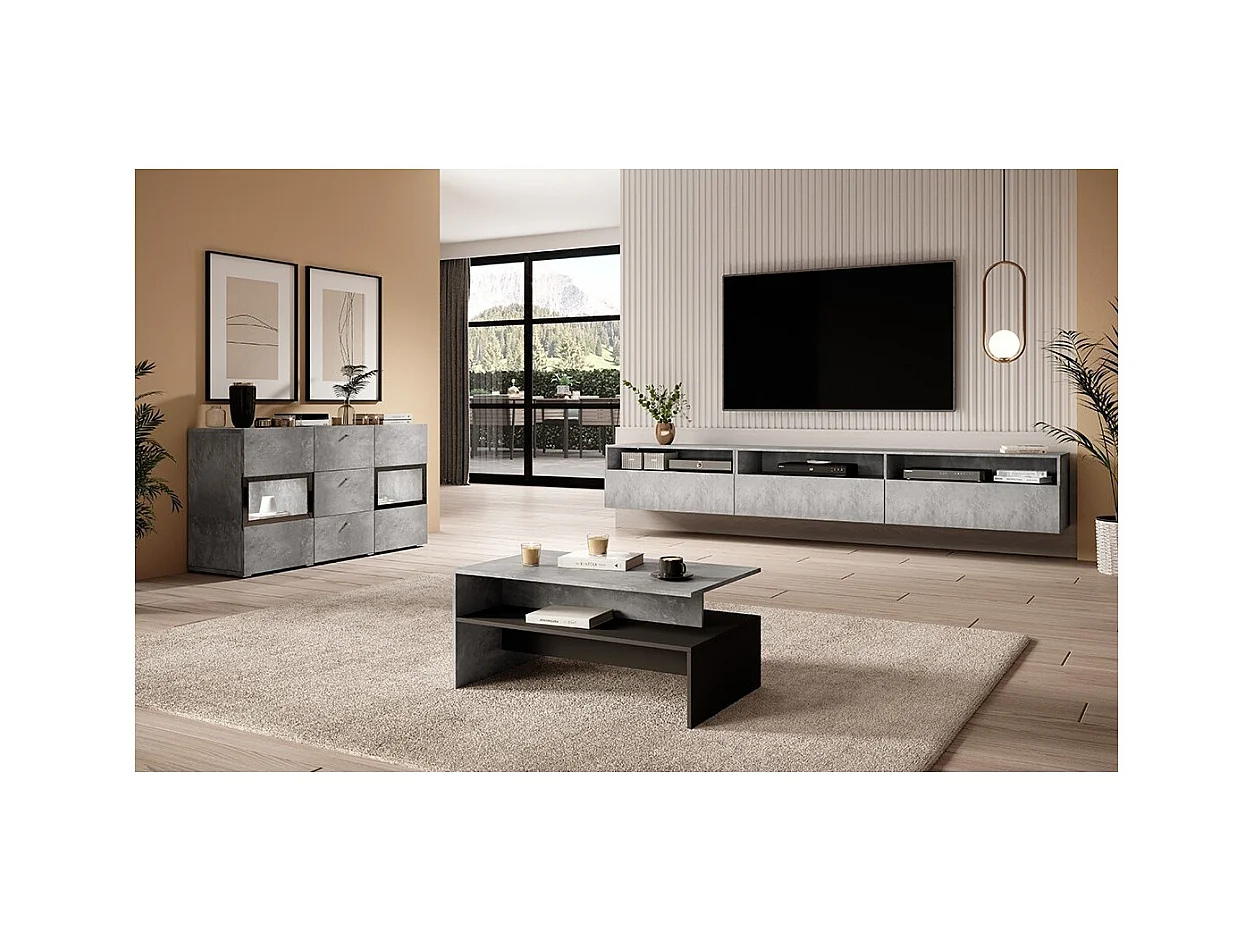 Mesa baja diseño RAMOS – Gris efecto concreto y negro – Tablero con almacenamiento – 100 x 60 cm
