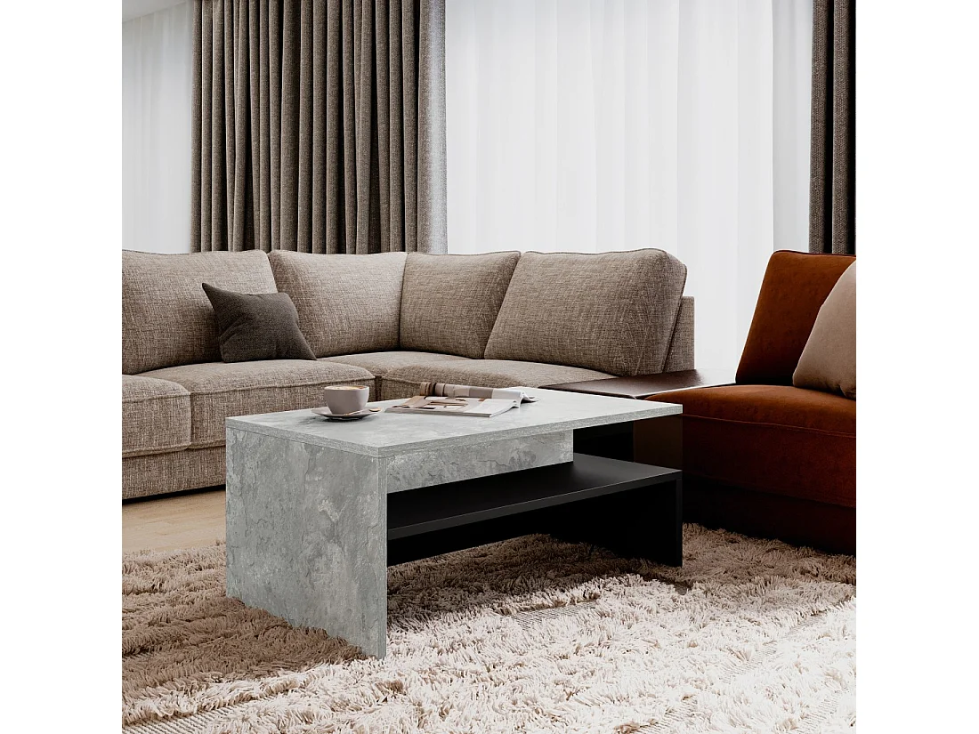 Table basse design RAMOS – Grijs betoneffect en zwart – Blad met opbergruimte – 100 x 60 cm