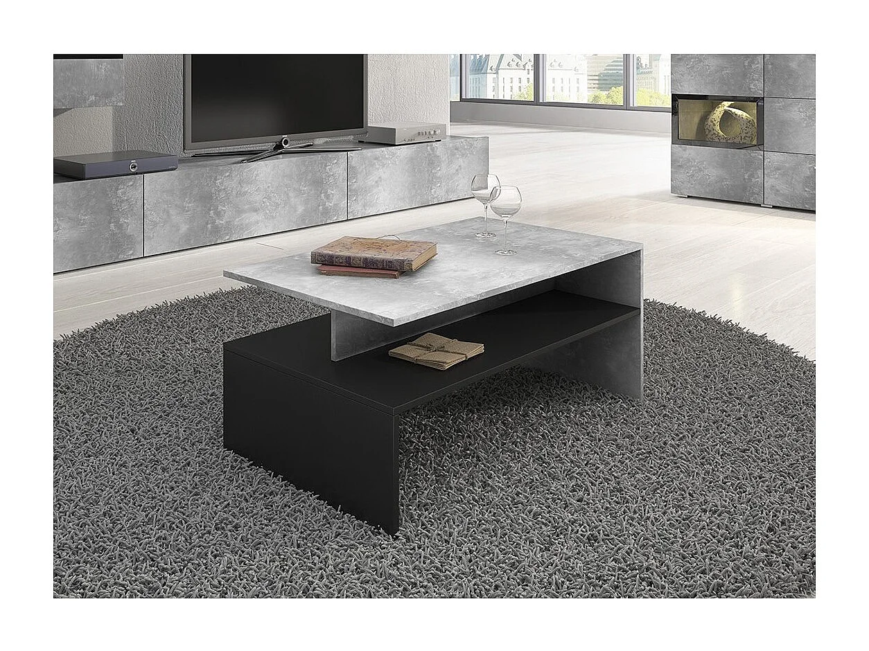 Table basse design RAMOS – Grijs betoneffect en zwart – Blad met opbergruimte – 100 x 60 cm