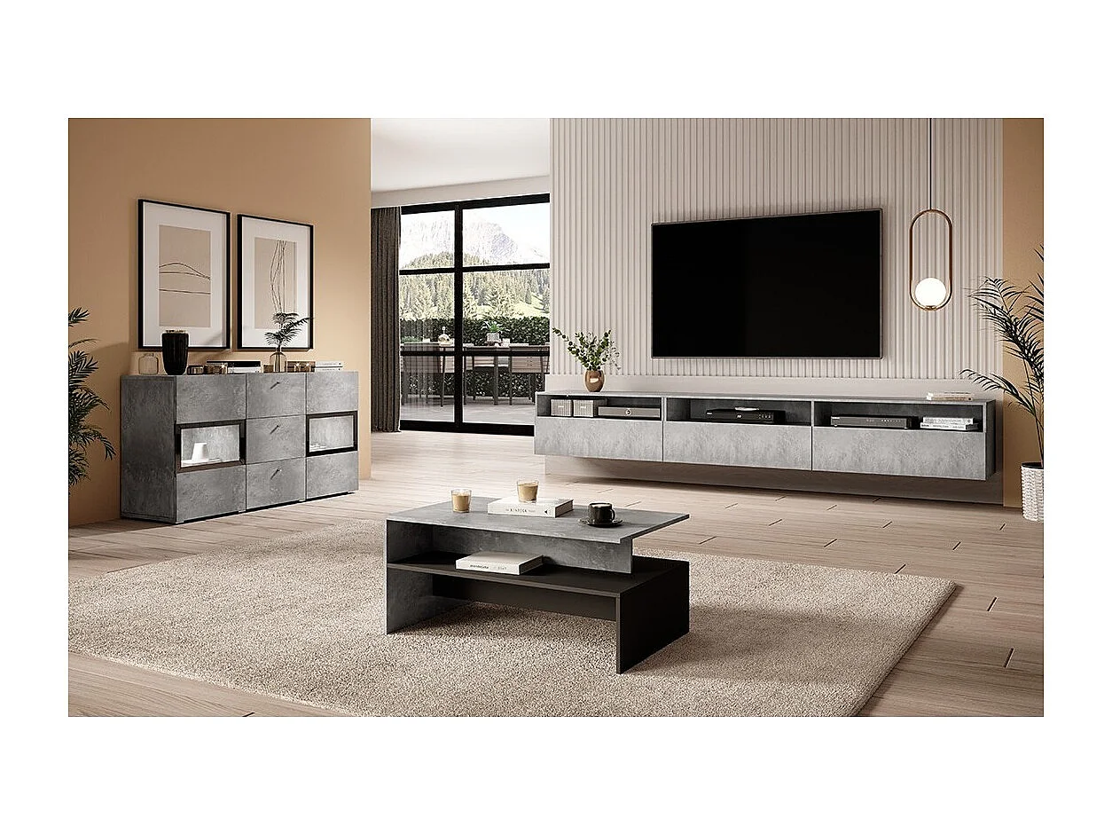 Table basse design RAMOS – Grijs betoneffect en zwart – Blad met opbergruimte – 100 x 60 cm