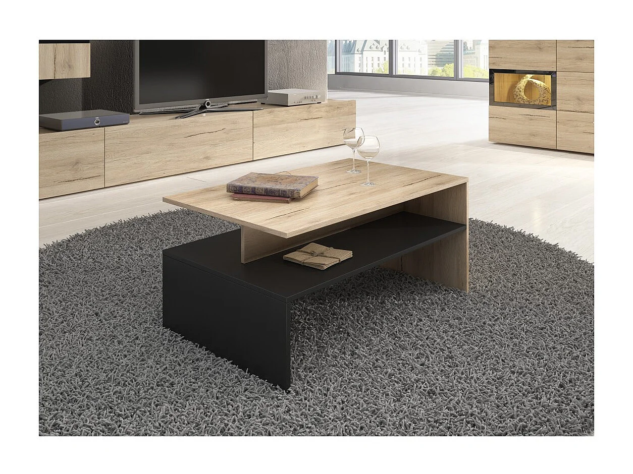 Salontafel RAMOS - Eiken en zwart - Modern design - Handig opbergplateau