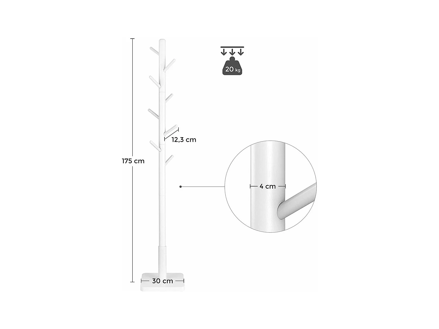 Kapstok op poten van wit hevea hout met 8 haken - H 175 cm