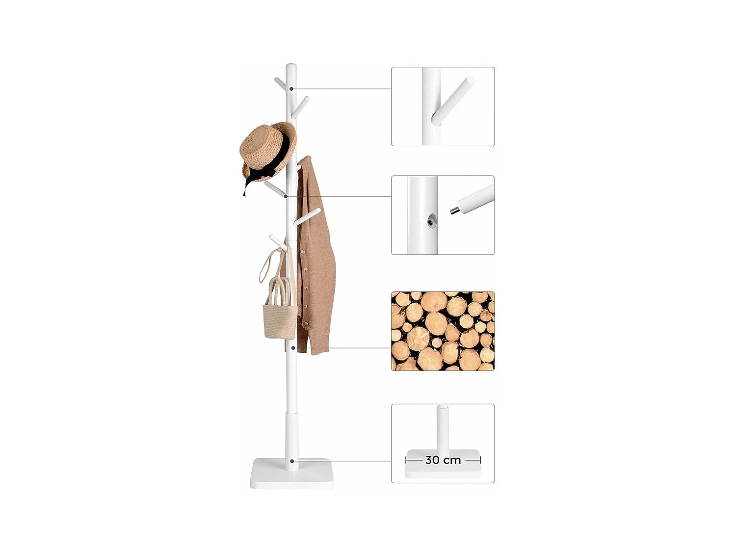 Kapstok op poten van wit hevea hout met 8 haken - H 175 cm