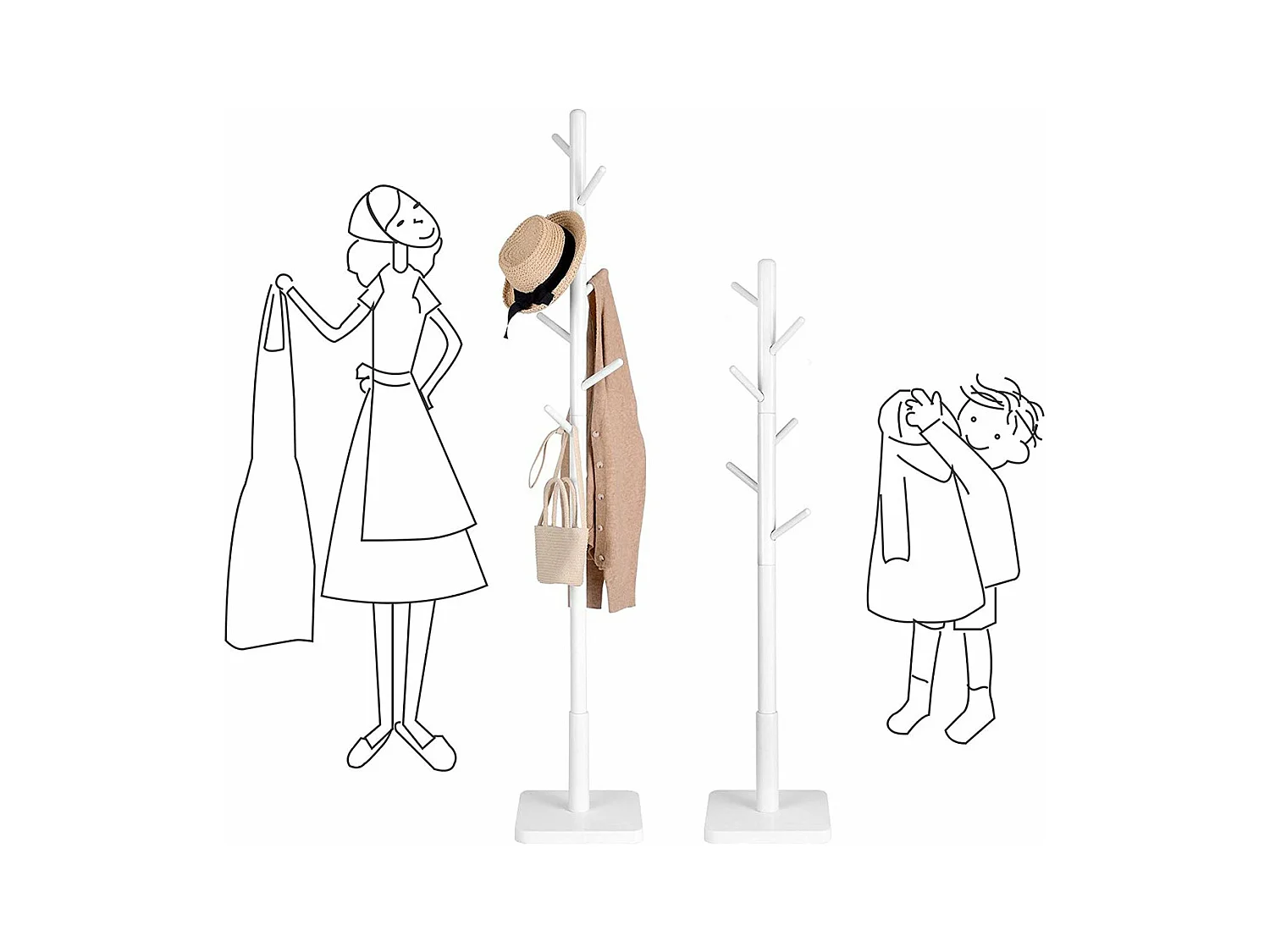 Kapstok op poten van wit hevea hout met 8 haken - H 175 cm