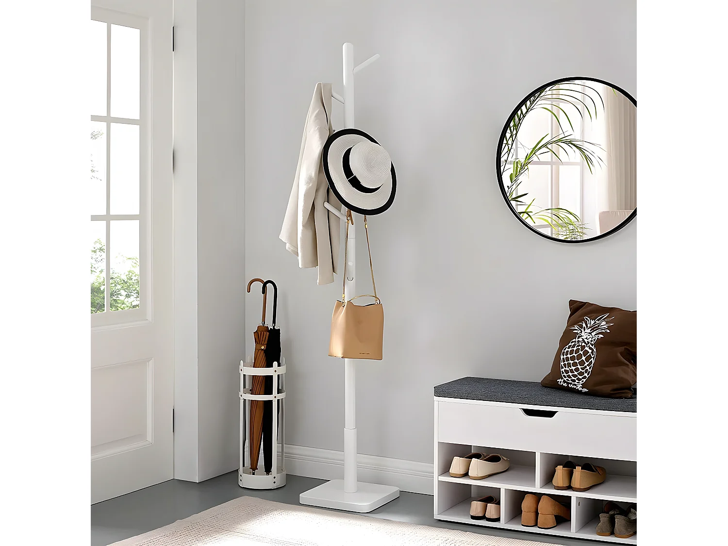 Garderobenständer aus weißem Gummibaumholz mit 8 Haken - H175 cm