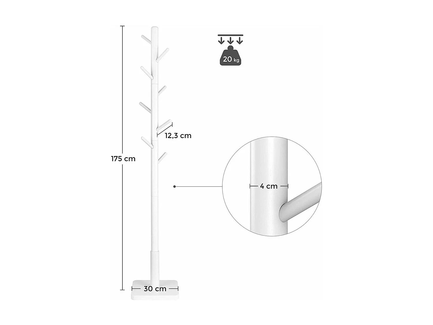 Garderobenständer aus weißem Gummibaumholz mit 8 Haken - H175 cm