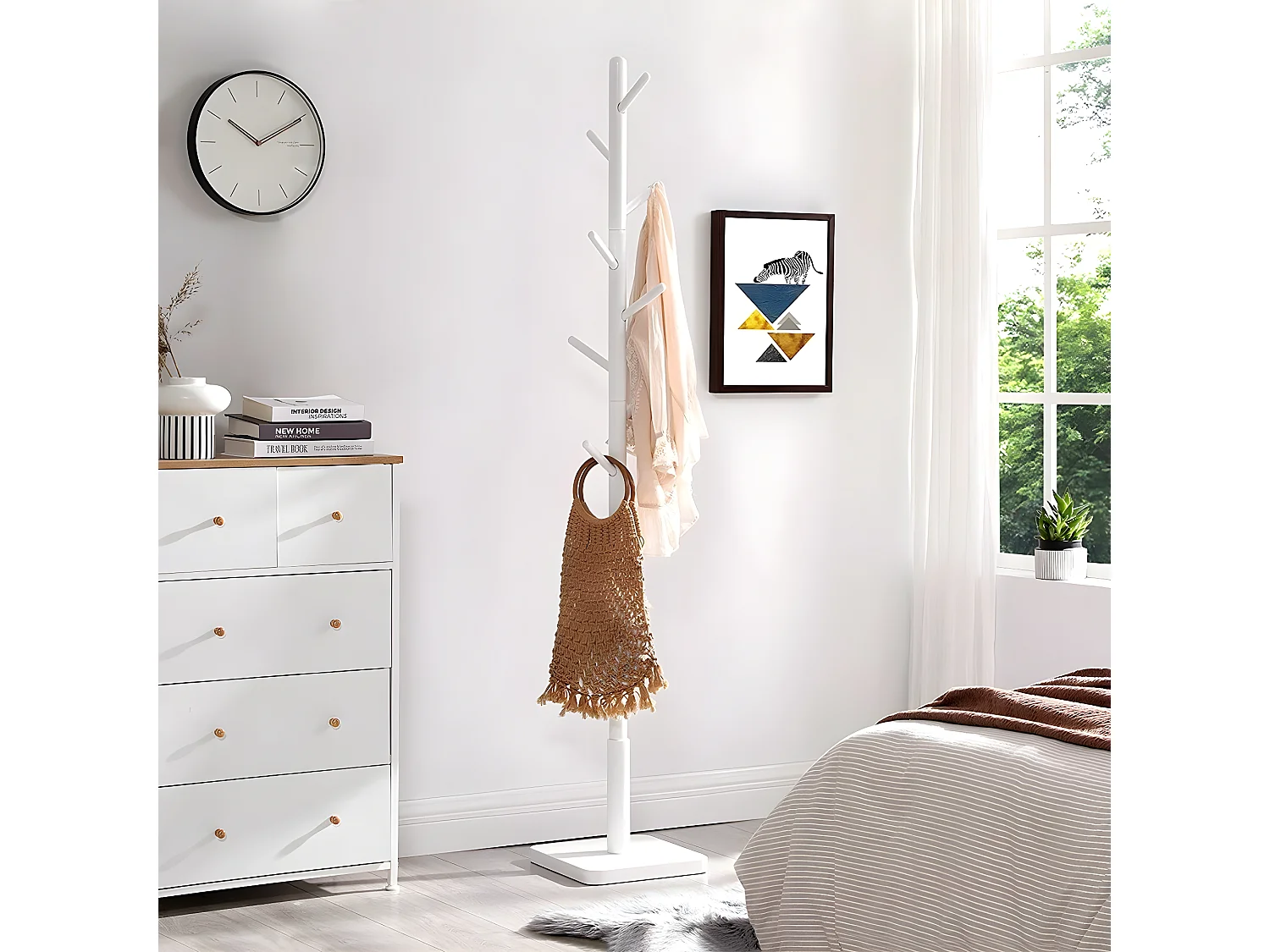 Garderobenständer aus weißem Gummibaumholz mit 8 Haken - H175 cm